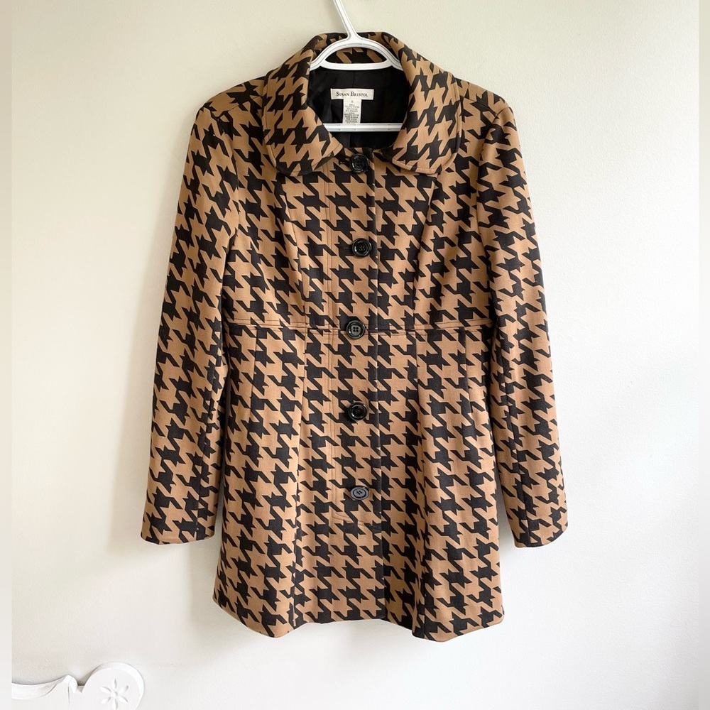 SUSAN BRISTOL BROWN BLACK HOUNDSTOOTH FITTED JACKET BUTTONS VINTAGE